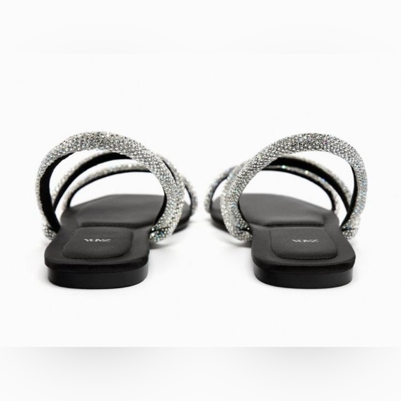 Zara Women's Sandals in Black Silver Accents Zara RHINESTONE FLAT SANDALS 39 - Picture 2 of 10